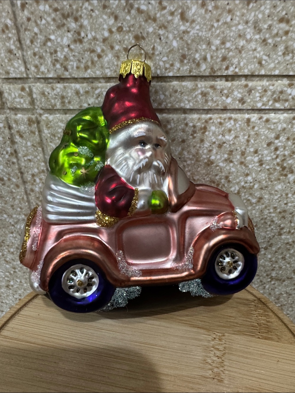 Vintage-Style Santa in Pink Car Christmas Ornament - Unbranded